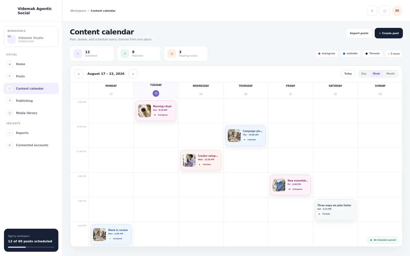 Videmak Agentic Social content calendar showing a weekly schedule, social post previews, channels, and publishing status