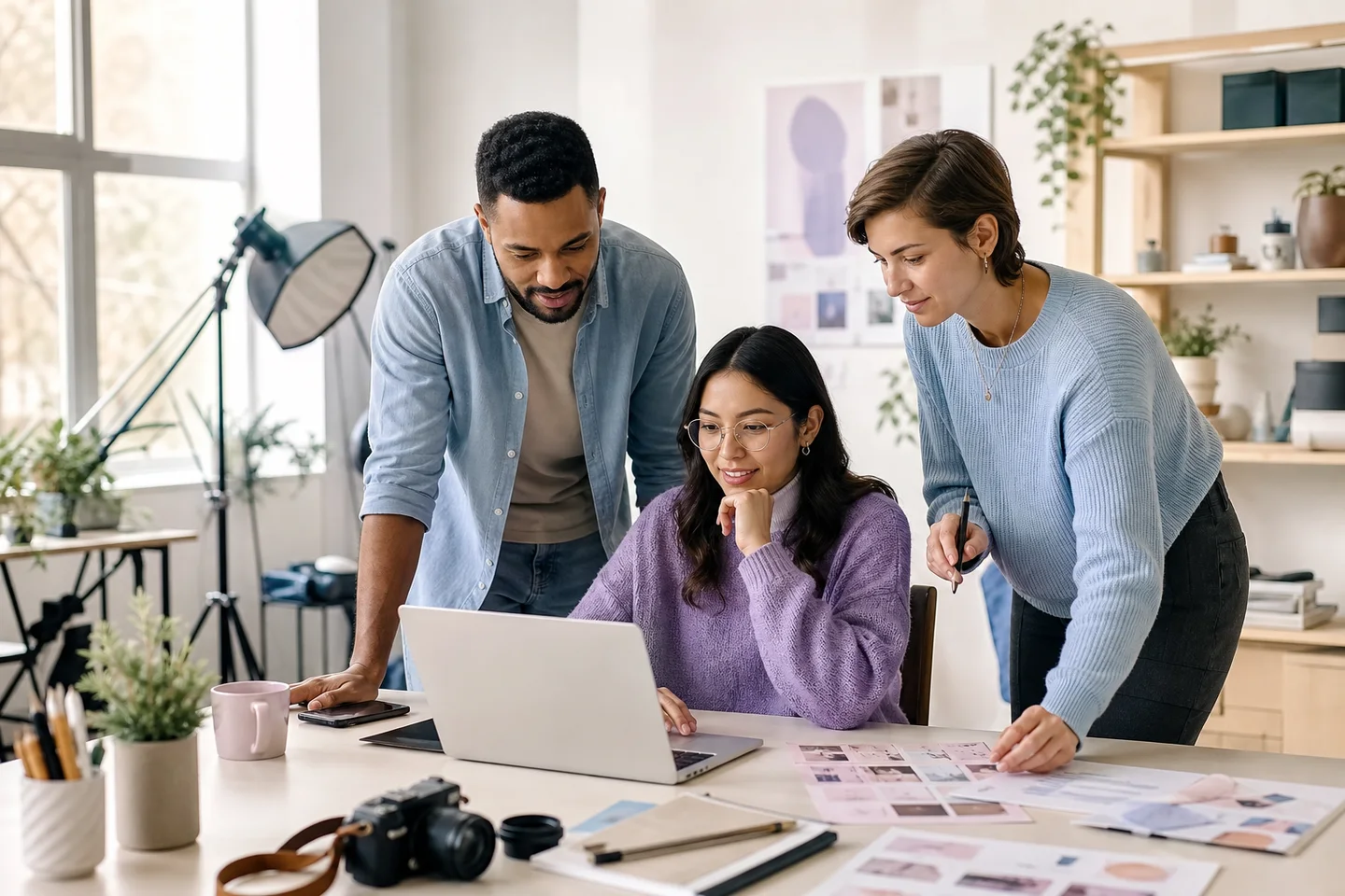 A content team planning a social media campaign together in a creative office